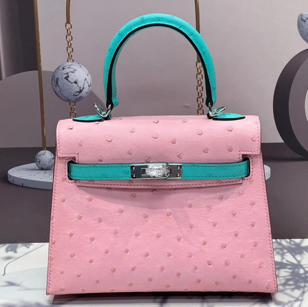 KELLY BAG 20 IN FLAMINGO PINK MIX CYAN BLUE OSTRICH LEATHER WITH SILVER HARDWARE (MADE-TO-ODER)
