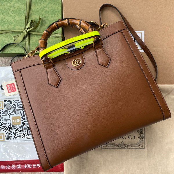 MEDIUM DIANA TOTE BAG 35 IN BROWN LACQUER CALFSKIN BAMBOO HANDLE