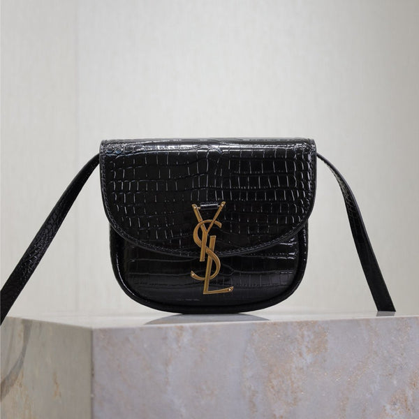 KAIA SMALL CROCODILE PATTERN BAG 18 IN BLACK GLOSSY CALFSKIN COPPER HARDWARE