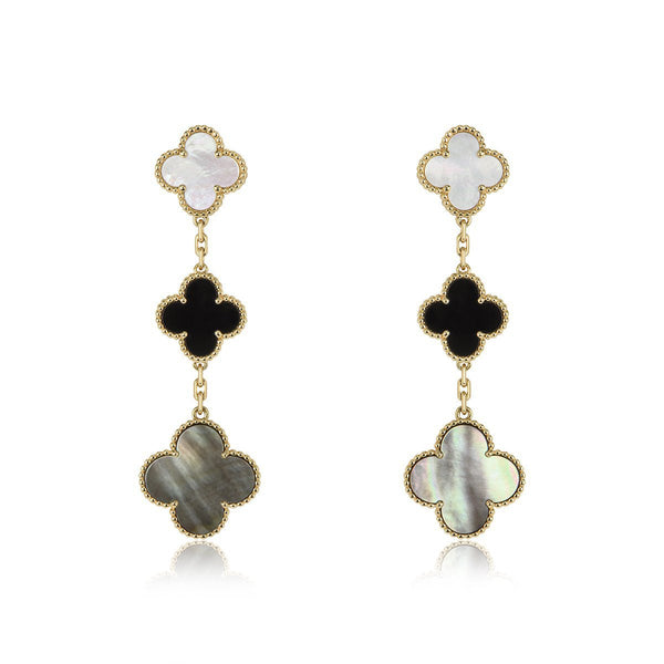 ˇMagic JewelryˇCLOVER EARRINGS GOLD ONYX MOP 3 MOTIF